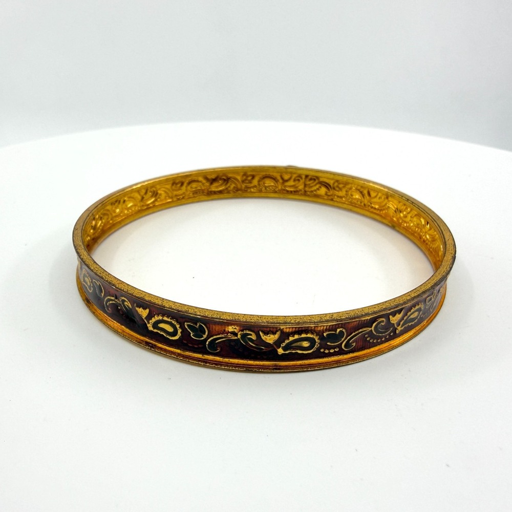 Vintage Gold Tone Enamel Bangle Bracelet Red Paisley Boho Jewelry